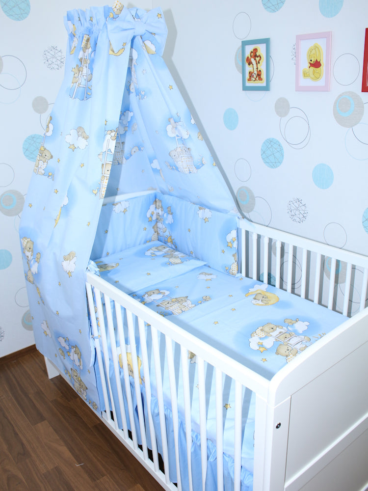 Baby Bettset - Bärchen auf Leitern Blau - 5-11 teilig mit Vollstoff Himmel