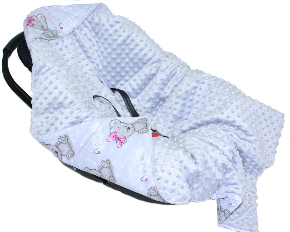 Baby Einschlagdecke MINKY - Girl + Grau - mit Kapuze 85x85cm Babyschale Decke