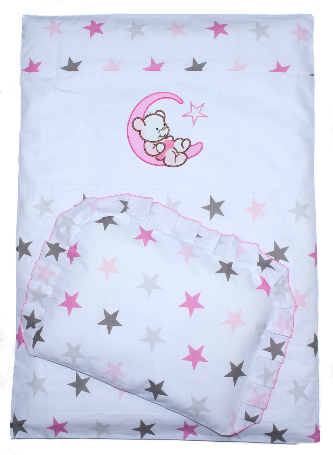 2- 4tlg Kinderwagenset - Bärchen Mond - Star Rosa - Bettwäsche für Kinderwagen Bezüge Decke Kissen