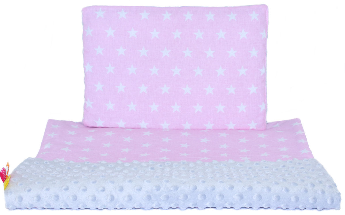 Minky Kinderwagenset - Sternchen auf Rosa + Grau - Bettwäsche  Kuscheldecke Decke