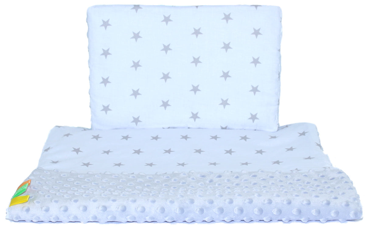 Minky Kinderwagenset - Sternchen auf Weiß + Grau - Bettwäsche  Kuscheldecke Decke