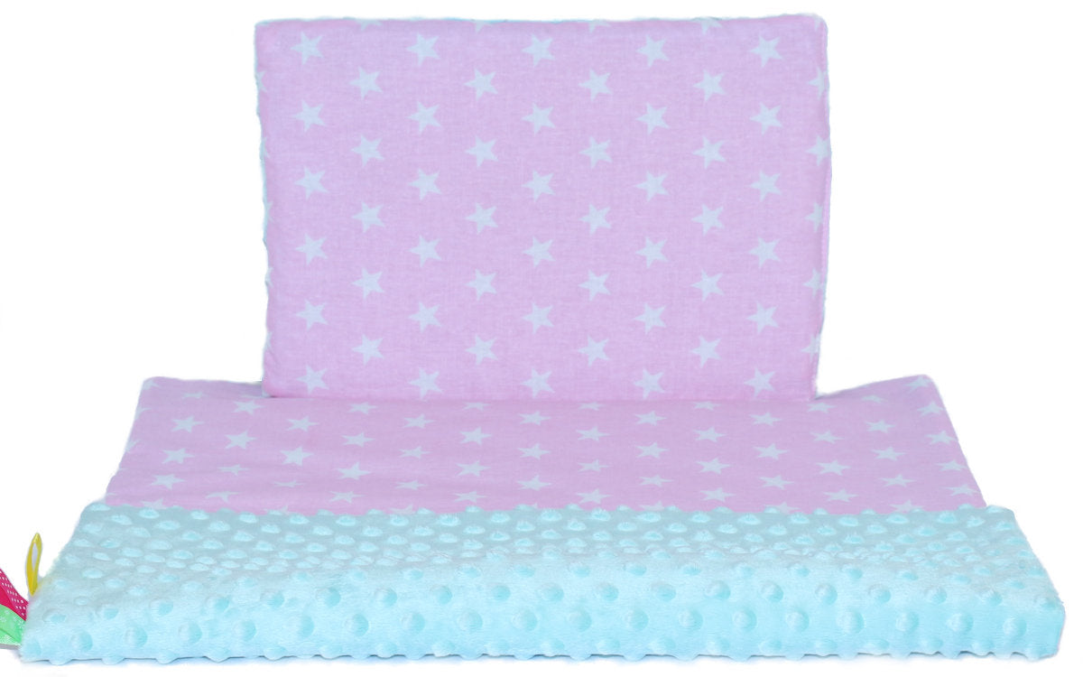 Minky Kinderwagenset - Sternchen auf Rosa + Minze - Bettwäsche  Kuscheldecke Decke