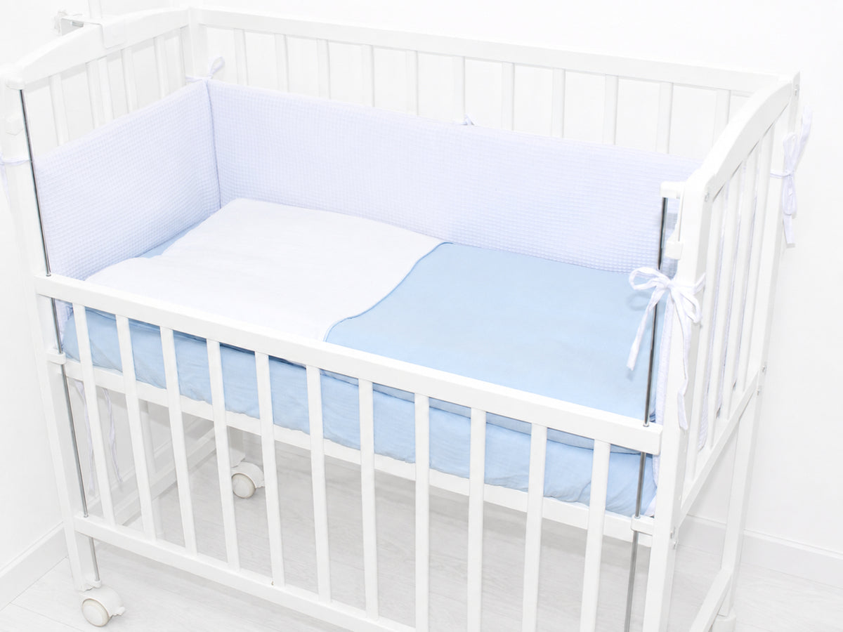 Musselin & Waffelpiqué Bettwäsche Set für Beistellbett- Blau/Weiß