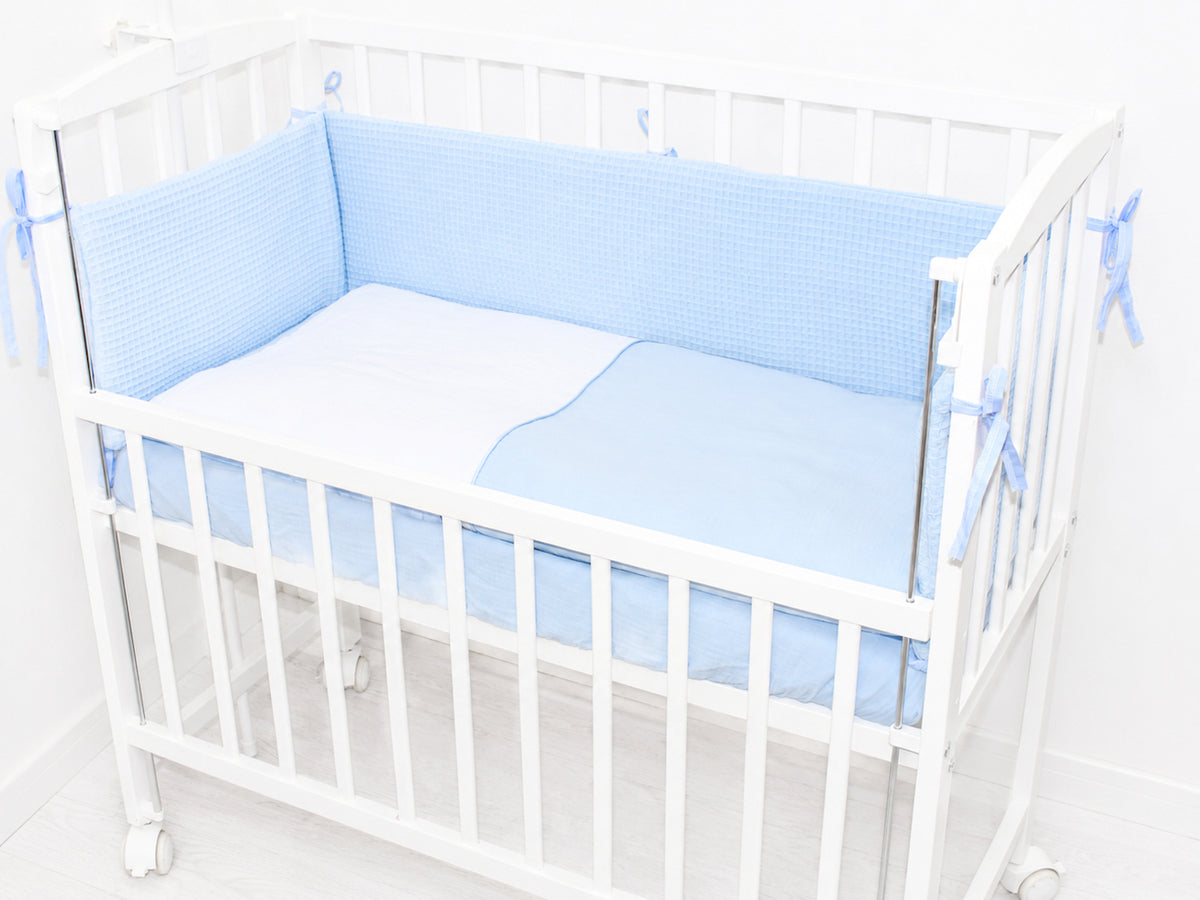 Musselin & Waffelpiqué Bettwäsche Set für Beistellbett- Blau/Blau