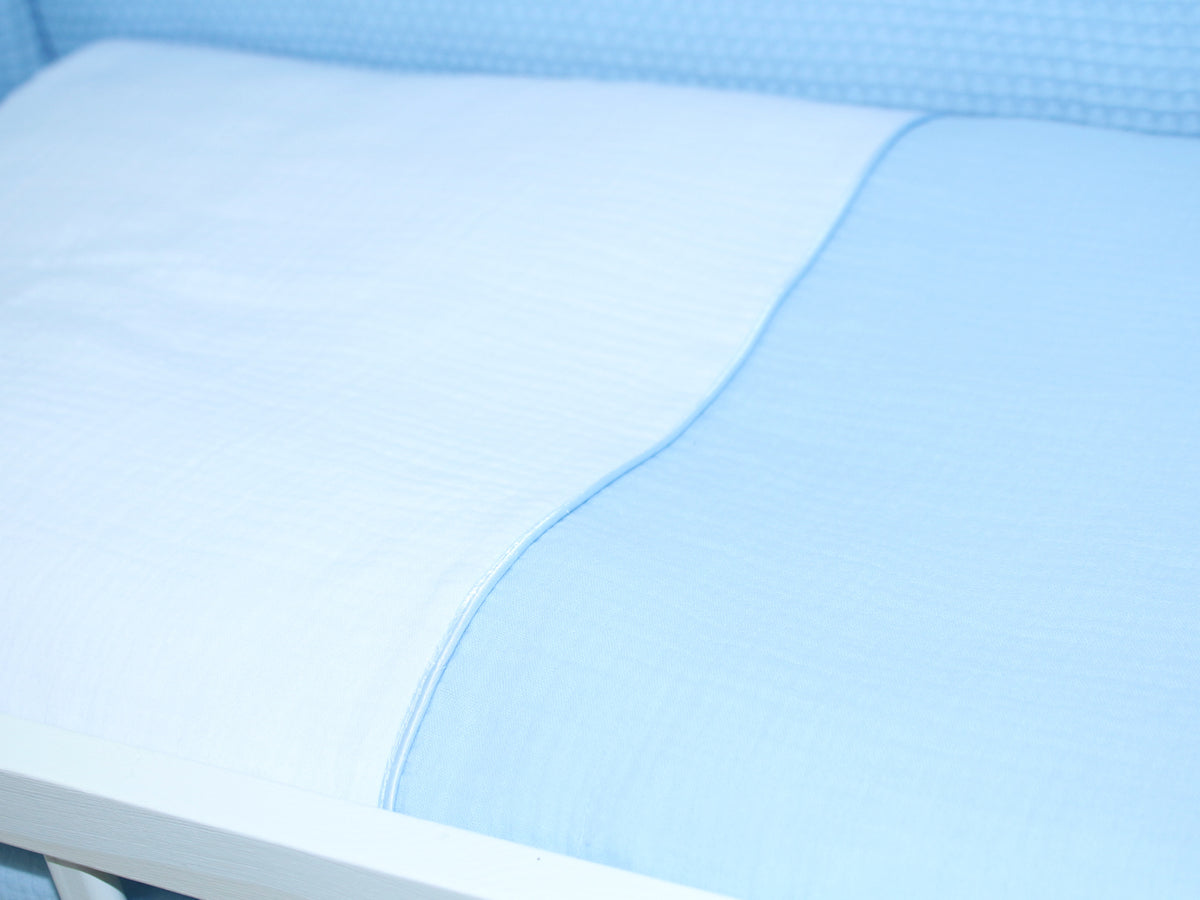 Musselin & Waffelpiqué Bettwäsche Set für Beistellbett- Blau/Blau