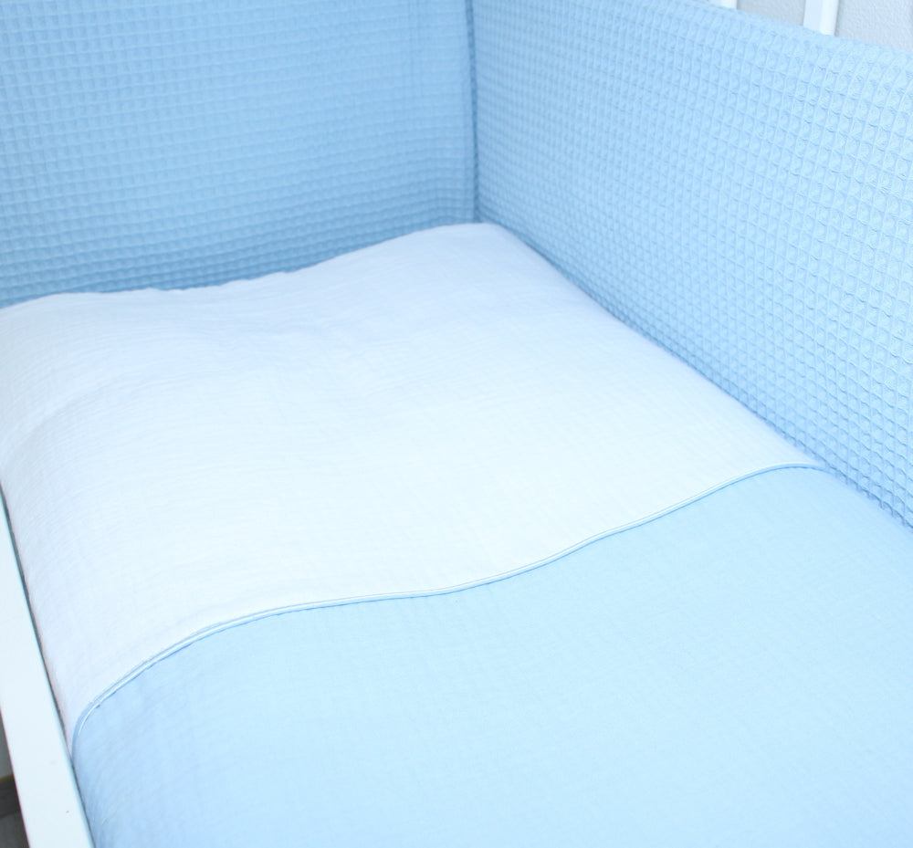 Musselin & Waffelpiqué Bettwäsche Set für Beistellbett- Blau/Blau