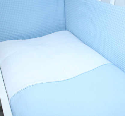 Musselin & Waffelpiqué Bettwäsche Set für Beistellbett- Blau/Blau