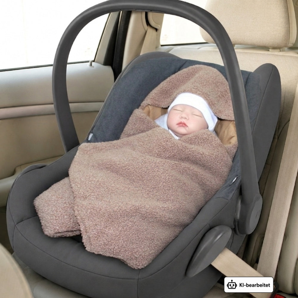 Bouclé  Baby Einschlagdecke - Braun - mit Kapuze 75x75cm für Babyschale, Decke