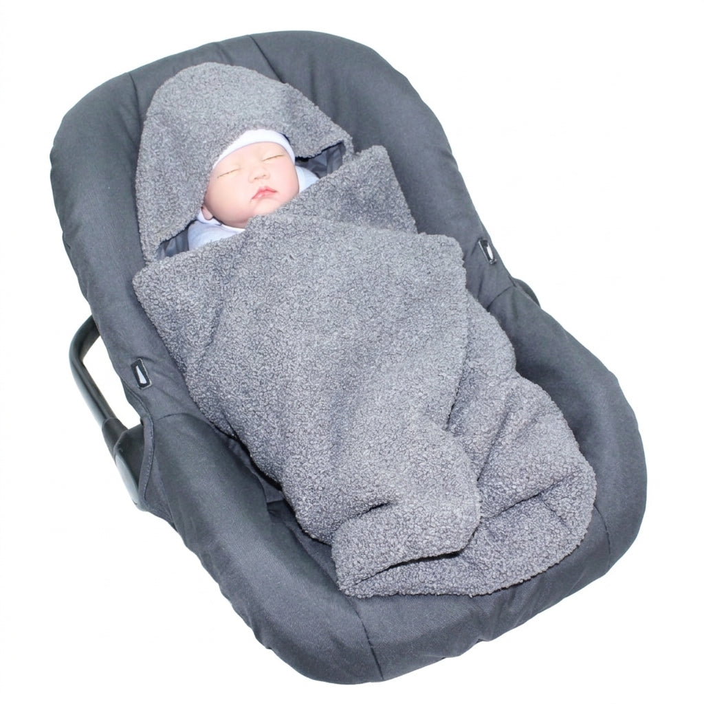Bouclé  Baby Einschlagdecke - Anthrazit - mit Kapuze 75x75cm für Babyschale, Decke