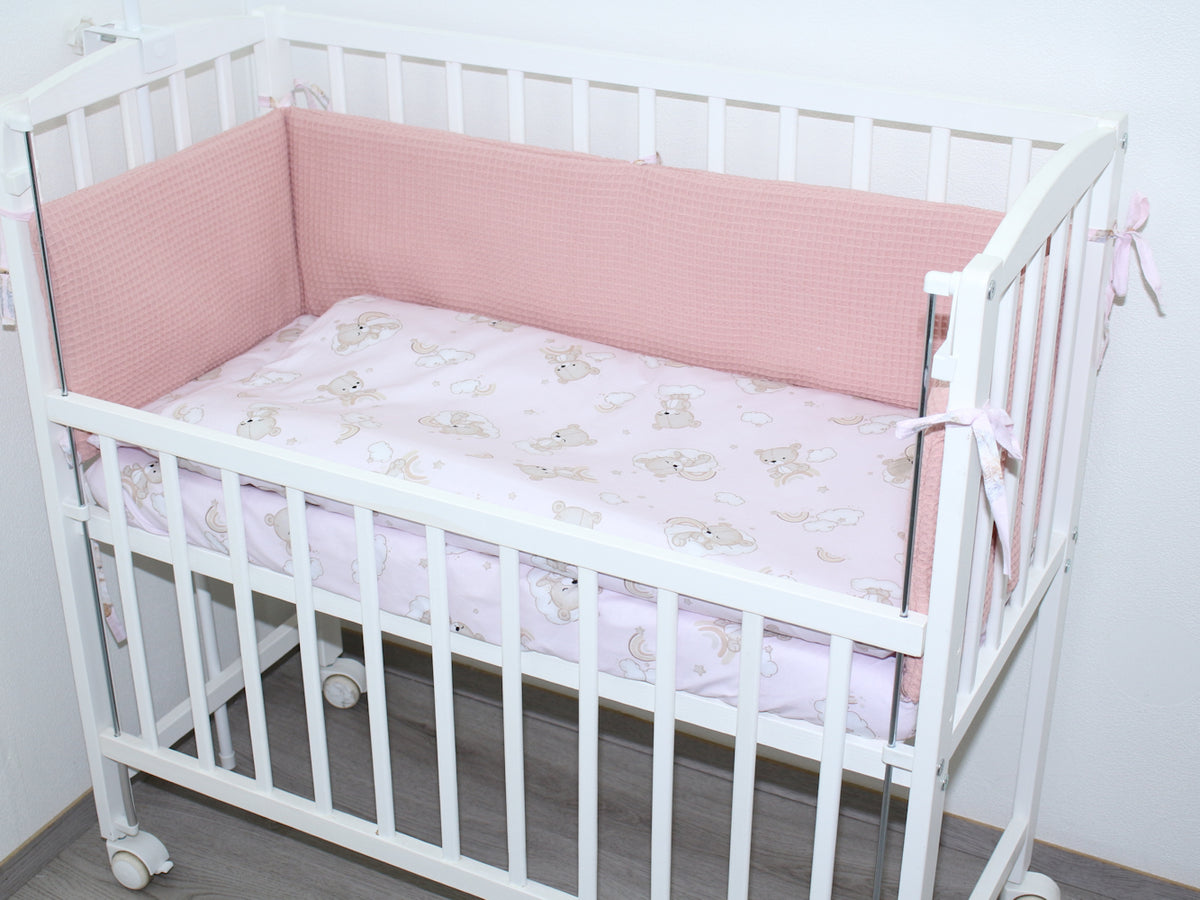 Bettwäsche Set für Beistellbett- Waffelpiqué Nestchen- Regenbogen-Rosa/Rosa