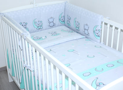 Baby Bettset - Bärchen in GRAU-MINZE- 5-11 teilig mit Chiffon Himmel