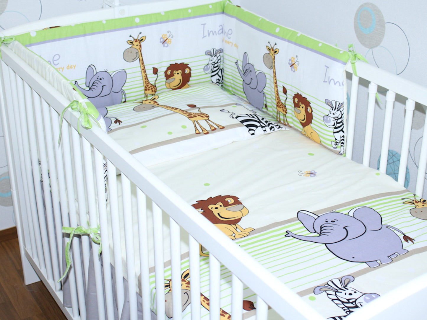 3-6 tlg Baby Kinder Bettset Baby Bettwäsche Bettdecke Kissen -Safari Grün