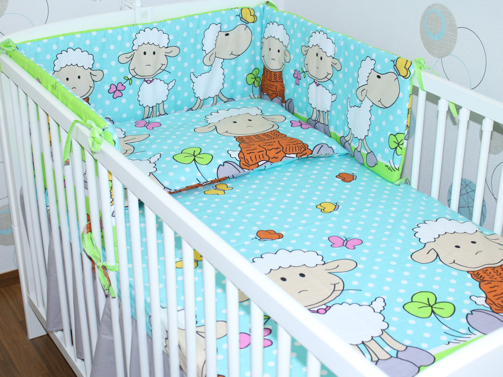 3-6 tlg Baby Kinder Bettset Baby Bettwäsche Bettdecke Kissen -Schaf Türkis