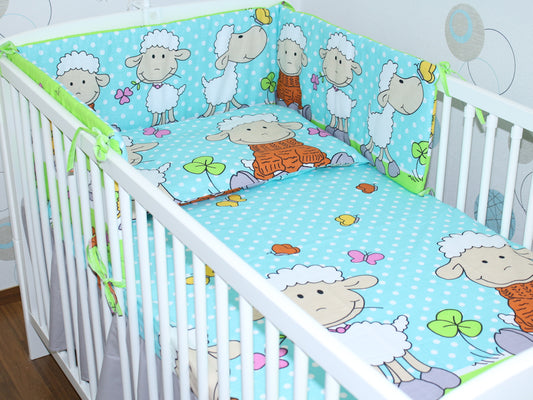3-6 tlg Baby Kinder Bettset Baby Bettwäsche Bettdecke Kissen -Schaf Türkis