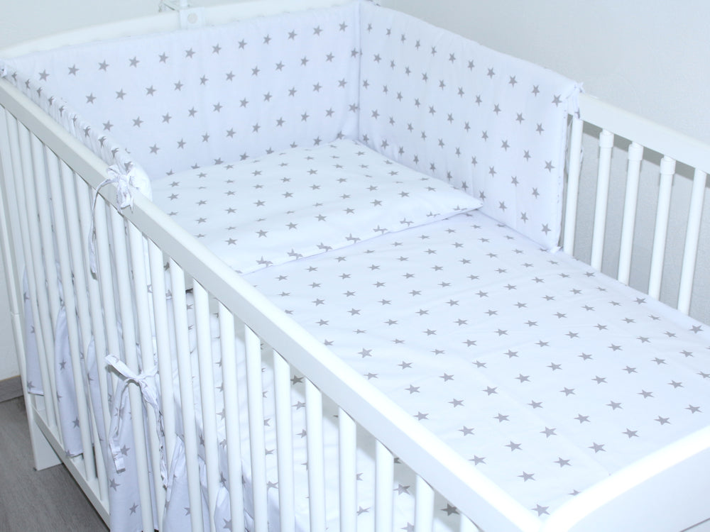 3-6 tlg Baby Kinder Bettset Baby Bettwäsche Bettdecke Kissen -Sterne auf Weiß