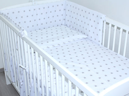 3-6 tlg Baby Kinder Bettset Baby Bettwäsche Bettdecke Kissen -Sterne auf Weiß
