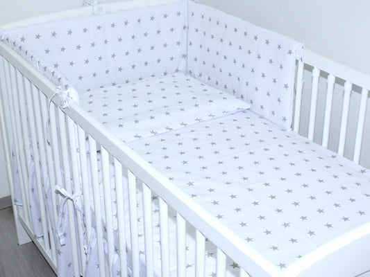 3-6 tlg Baby Kinder Bettset Baby Bettwäsche Bettdecke Kissen -Sterne auf Weiß