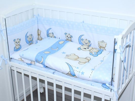 6 TLG- BABY SET mit Bettwäsche - Bärchen Blau - für Beistellbett 40x90cm