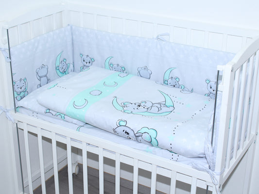 6 TLG- BABY SET mit Bettwäsche - Bärchen Minze - für Beistellbett 40x90cm