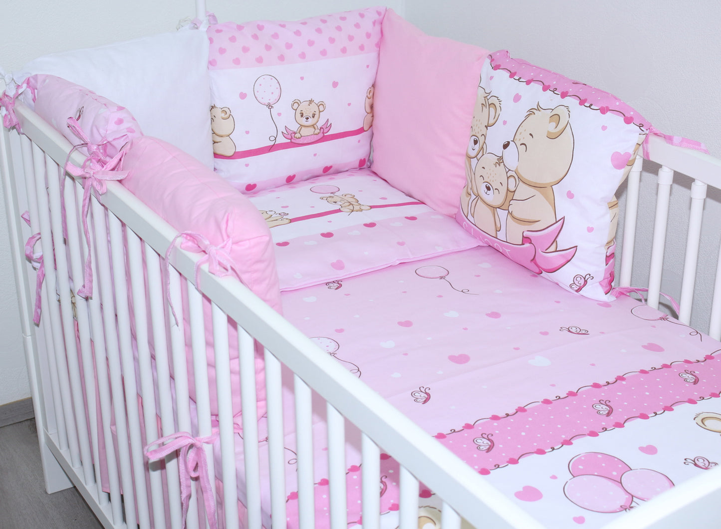 Baby Bettset mit Kissen Nestchen - SWEET Bärchen in Rosa - 5-8 teilig mit Vollstoff Himmel