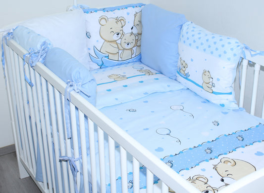 Baby Bettset mit Kissen Nestchen -SWEET Bärchen in Blau - 5-8 teilig mit Chiffon Himmel