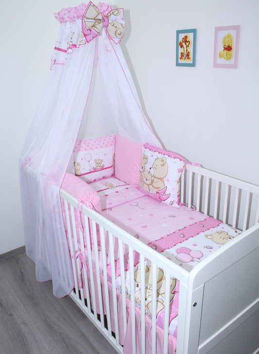 Baby Bettset mit Kissen Nestchen -SWEET Bärchen in Rosa - 5-8 teilig mit Chiffon Himmel