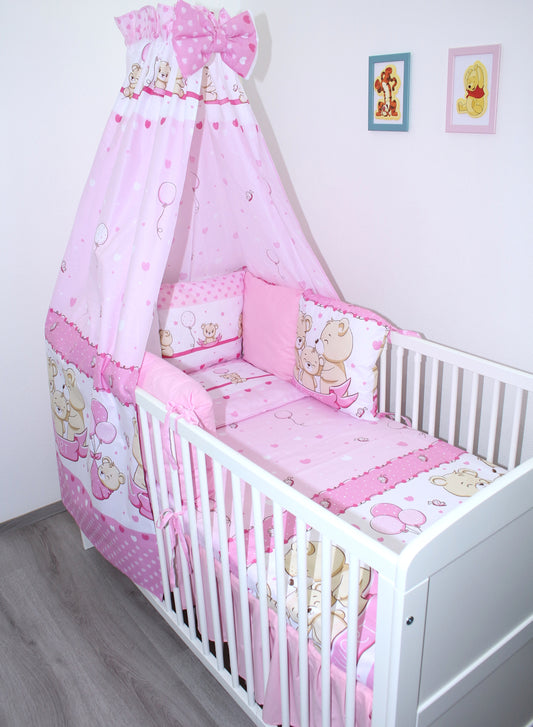 Baby Bettset mit Kissen Nestchen - SWEET Bärchen in Rosa - 5-8 teilig mit Vollstoff Himmel