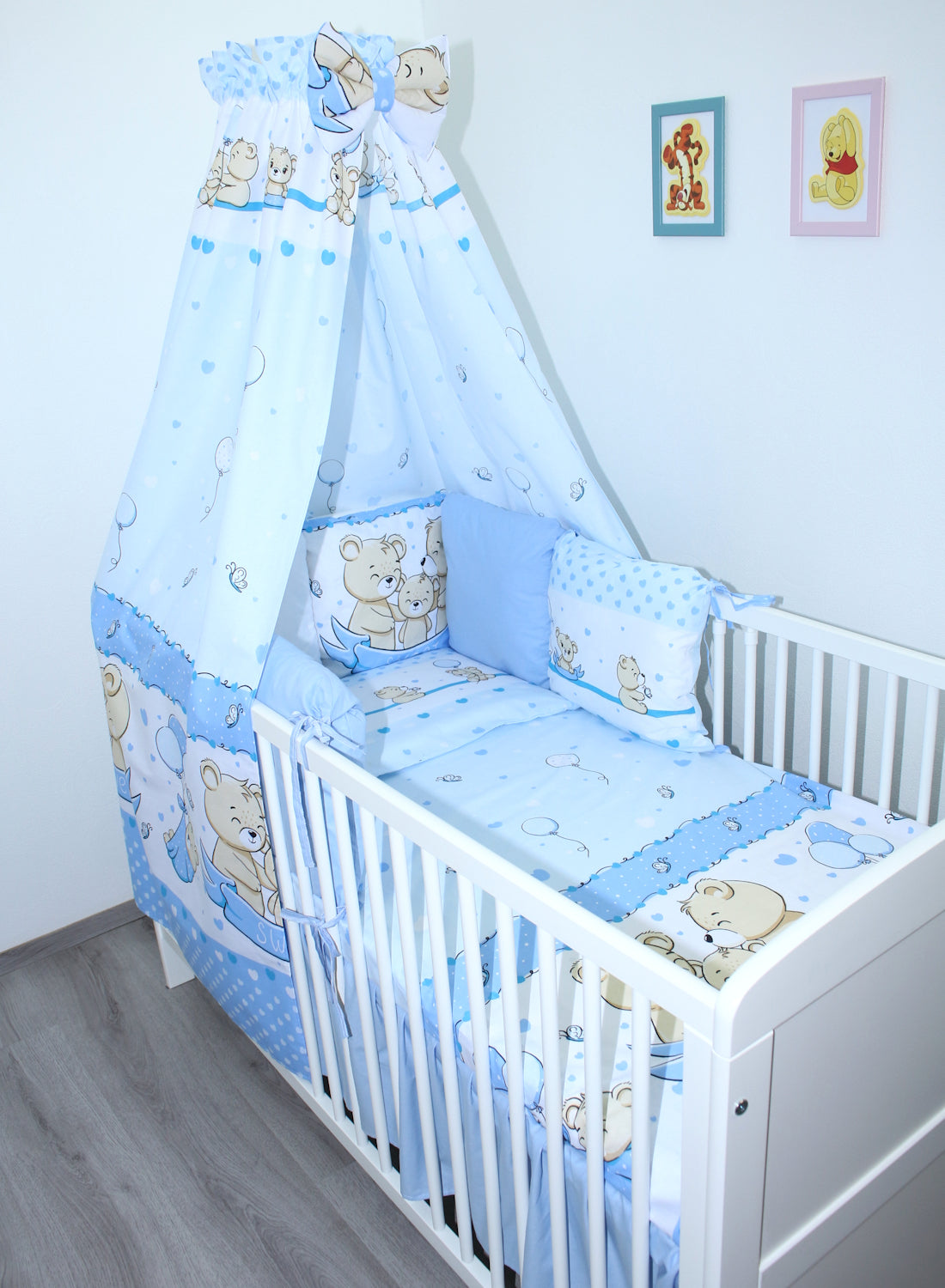 Baby Bettset mit Kissen Nestchen -Bärchen in Blau - 5-8 teilig mit Vollstoff Himmel