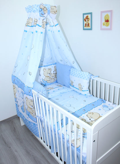 Baby Bettset mit Kissen Nestchen -Bärchen in Blau - 5-8 teilig mit Vollstoff Himmel