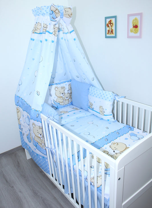 Baby Bettset mit Kissen Nestchen -Bärchen in Blau - 5-8 teilig mit Vollstoff Himmel