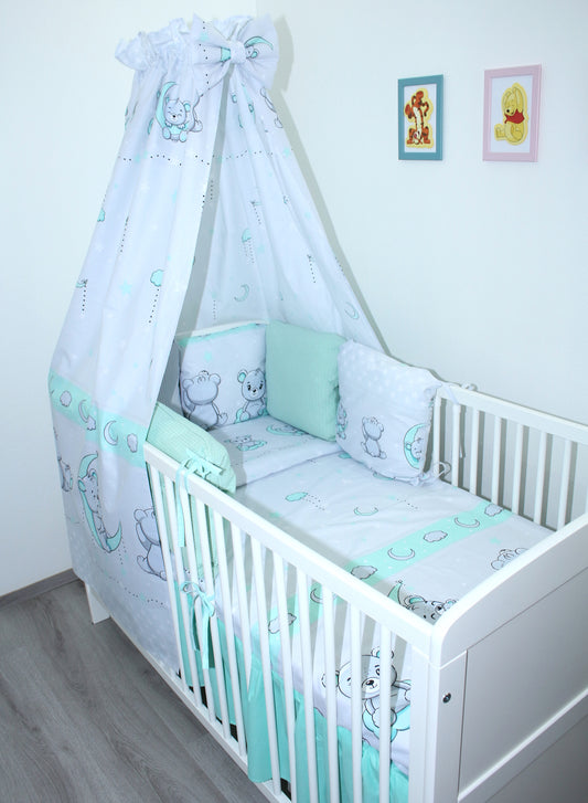 Baby Bettset mit Kissen Nestchen - Bärchen - MINZE- 5-8 teilig mit Vollstoff Himmel