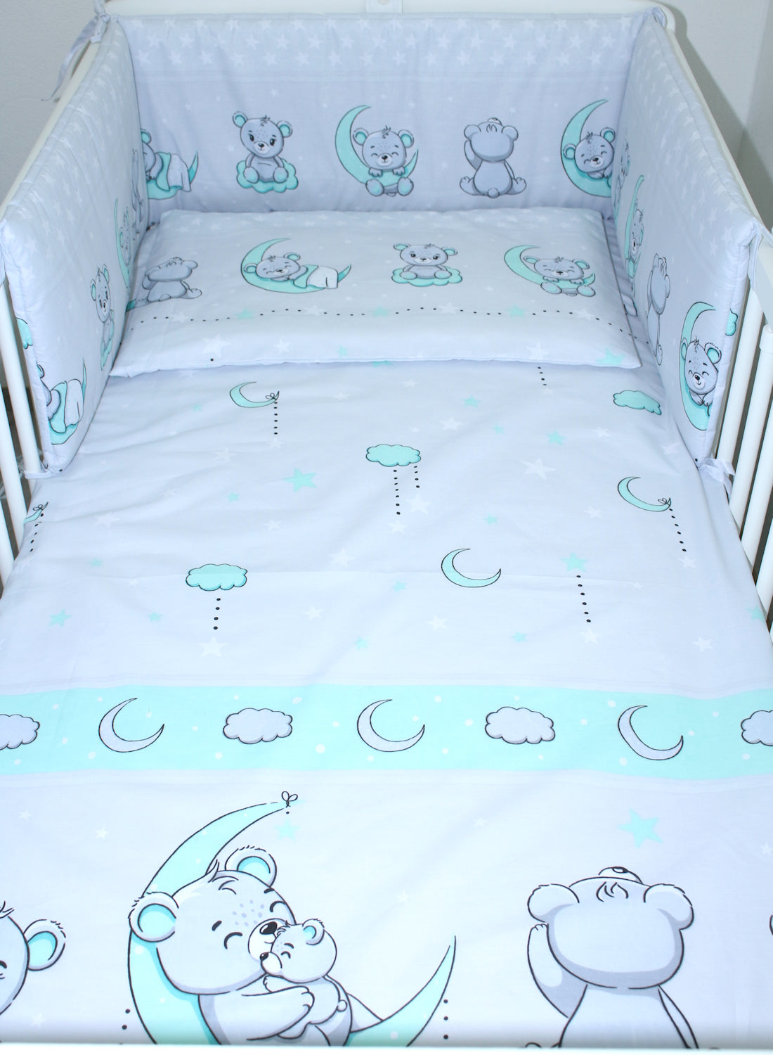 Baby Bettset - Bärchen in GRAU-MINZE- 5-11 teilig mit Chiffon Himmel