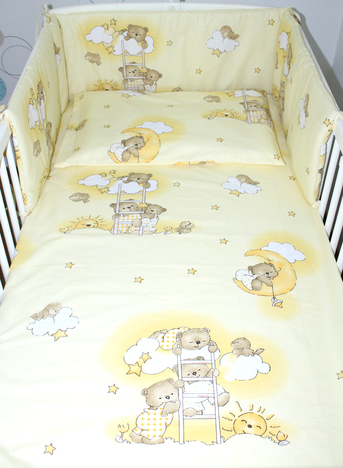 3-6 tlg Baby Kinder Bettset Baby Bettwäsche Bettdecke Kissen - Bärchen auf Leitern-Gelb