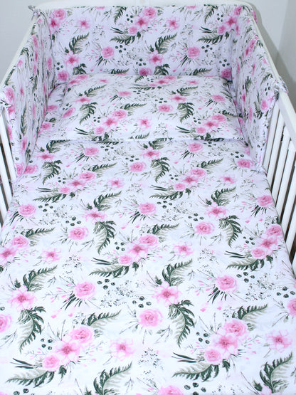 3-6 tlg Baby Kinder Bettset Baby Bettwäsche Bettdecke Kissen -Flowers