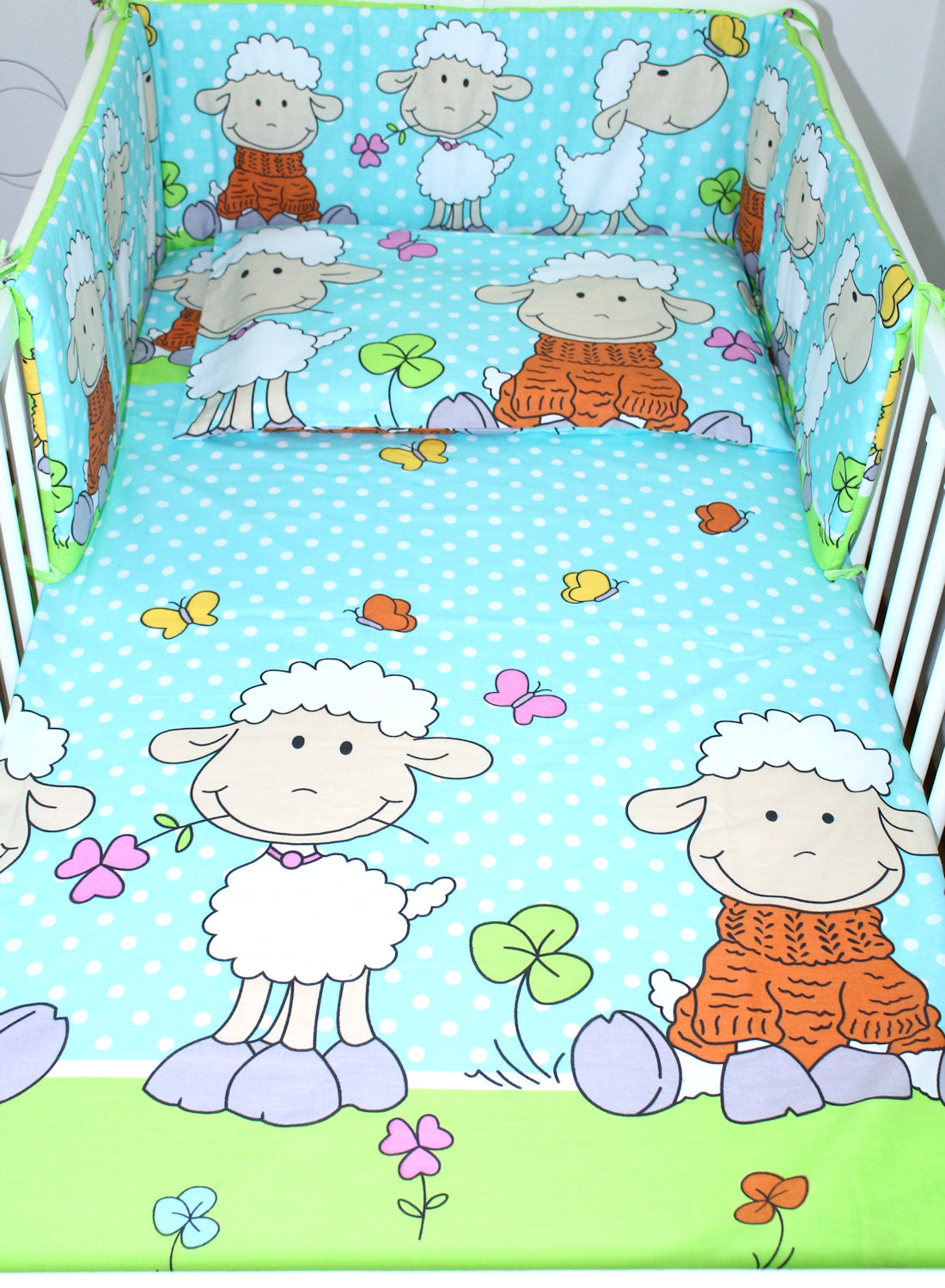 3-6 tlg Baby Kinder Bettset Baby Bettwäsche Bettdecke Kissen -Schaf Türkis