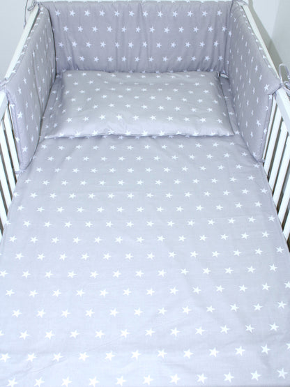 3-6 tlg Baby Kinder Bettset Baby Bettwäsche Bettdecke Kissen -Sterne auf Grau