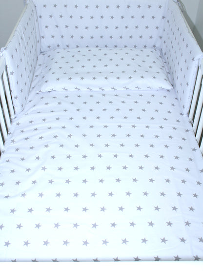 3-6 tlg Baby Kinder Bettset Baby Bettwäsche Bettdecke Kissen -Sterne auf Weiß