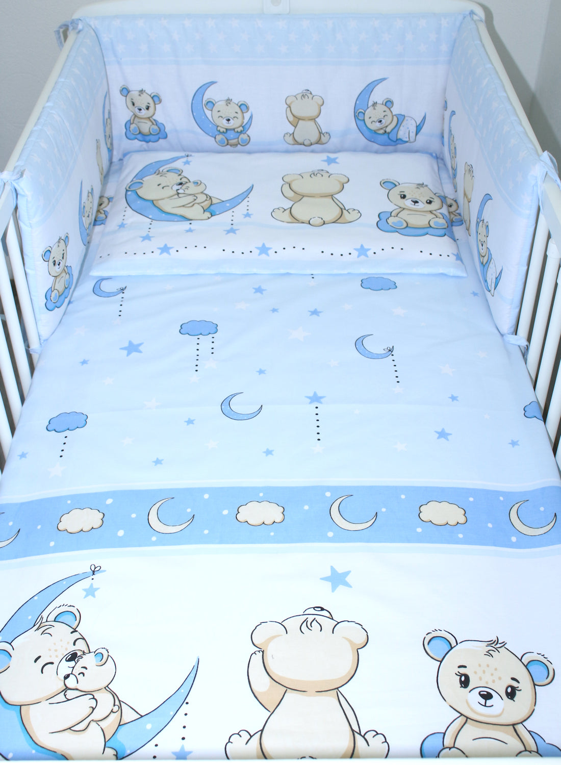 Baby Bettset -Bärchen in Blau - 5-11 teilig mit Chiffon Himmel