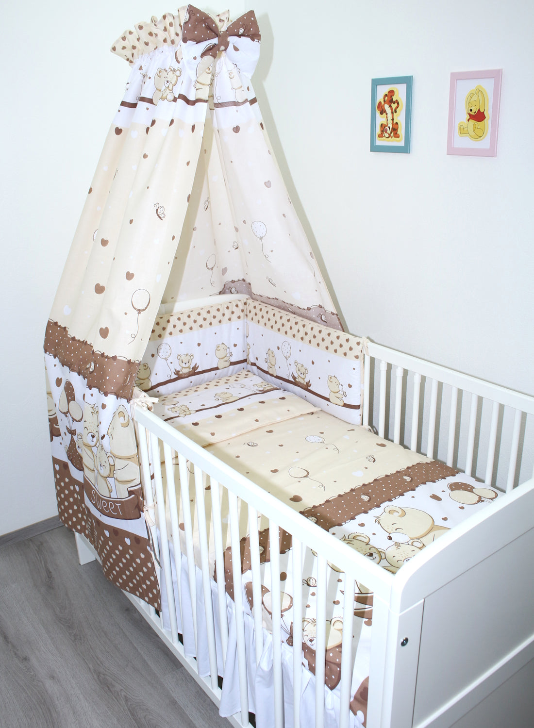Baby Bettset -Sweet Bärchen in Braun - 5-11 teilig mit Vollstoff Himmel
