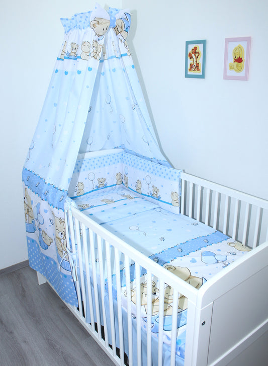 Baby Bettset -Sweet Bärchen in Blau - 5-9 teilig mit Vollstoff Himmel