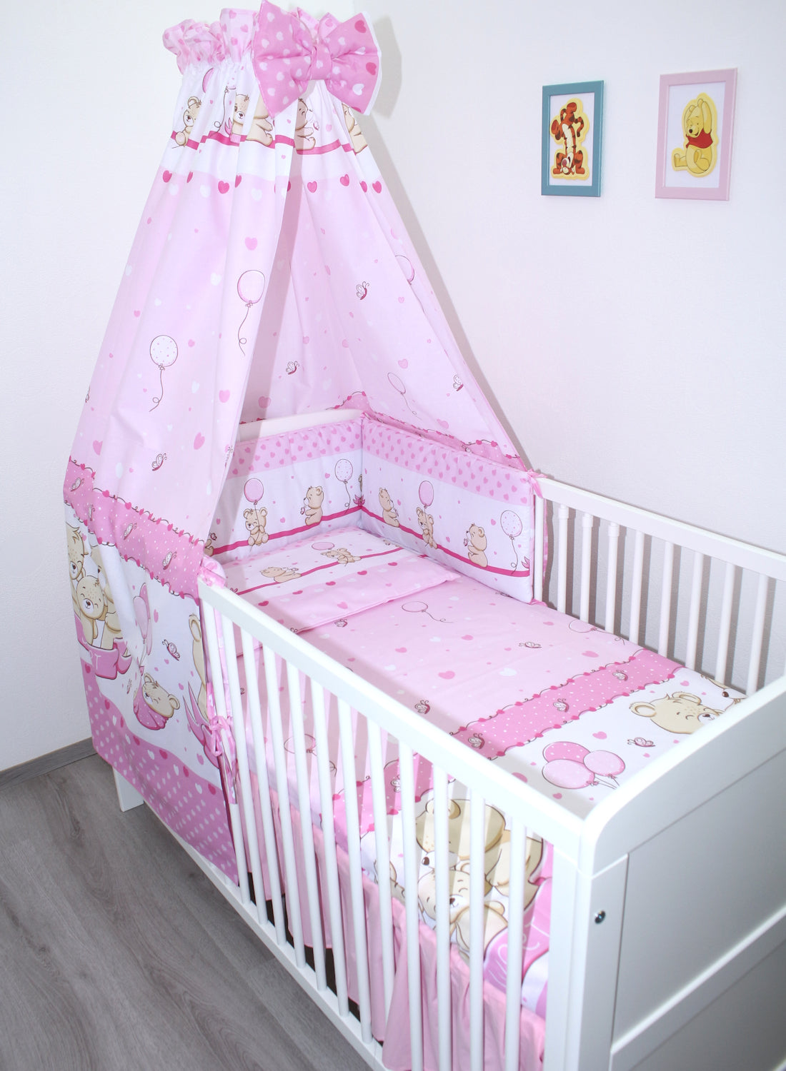 Baby Bettset -Sweet Bärchen in Rosa - 5-9 teilig mit Vollstoff Himmel