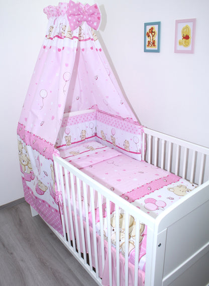 Baby Bettset -Sweet Bärchen in Rosa - 5-9 teilig mit Vollstoff Himmel