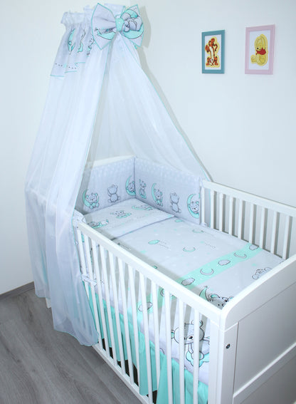 Baby Bettset - Bärchen in GRAU-MINZE- 5-11 teilig mit Chiffon Himmel