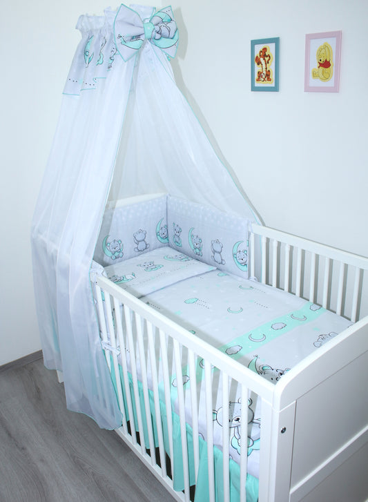 Baby Bettset - Bärchen in GRAU-MINZE- 5-11 teilig mit Chiffon Himmel