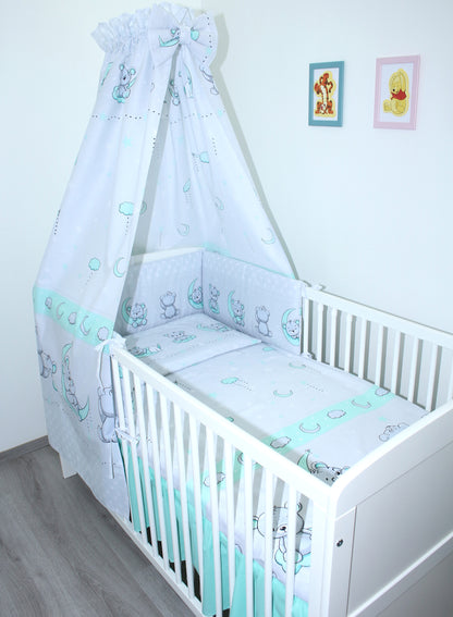 Baby Bettset -Bärchen in GRAU-MINZE 5-11 teilig mit Vollstoff Himmel