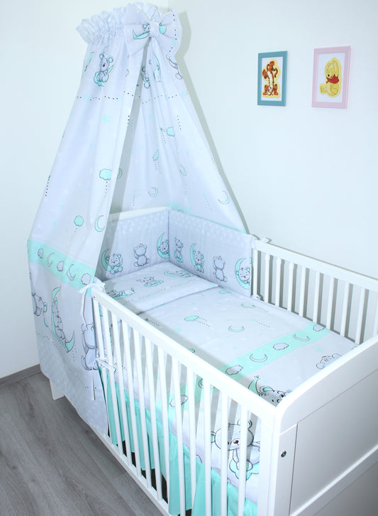 Baby Bettset -Bärchen in GRAU-MINZE 5-11 teilig mit Vollstoff Himmel