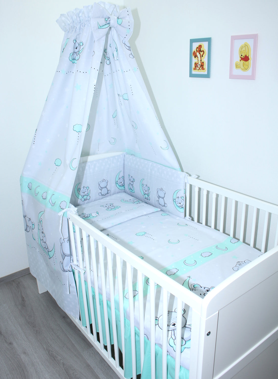 Baby Bettset -Bärchen in GRAU-MINZE- 5-11 teilig mit Vollstoff Himmel