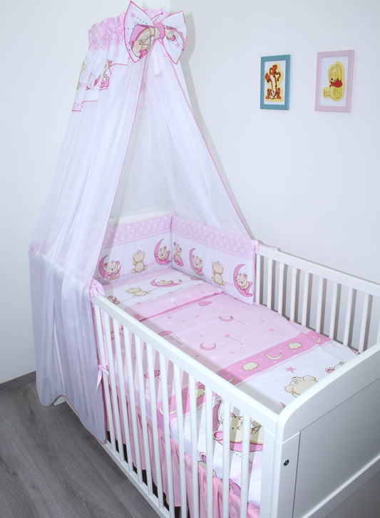 Baby Bettset -Bärchen in Rosa - 5-11 teilig mit Chiffon Himmel