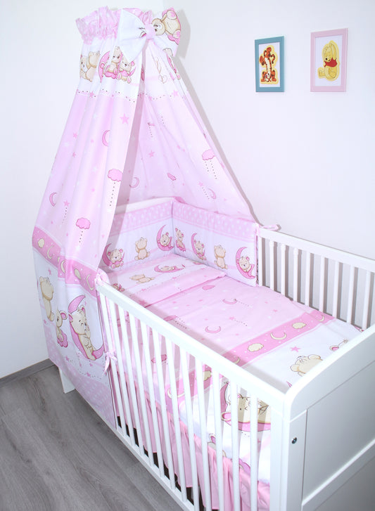 Baby Bettset -Bärchen in Rosa - 5-11 teilig mit Vollstoff Himmel