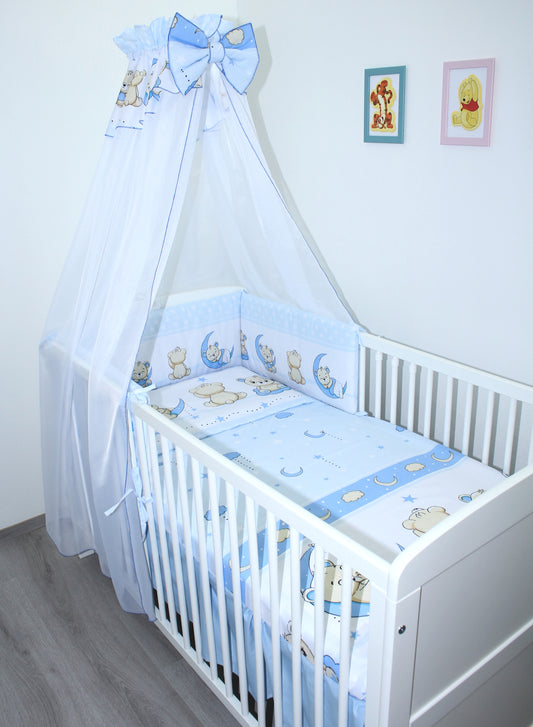 Baby Bettset -Bärchen in Blau - 5-11 teilig mit Chiffon Himmel